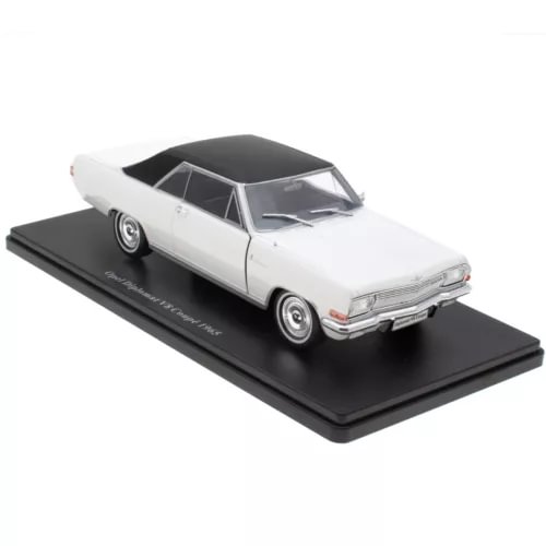 Diecast model car of a white Opel coupe with black roof, on black display base