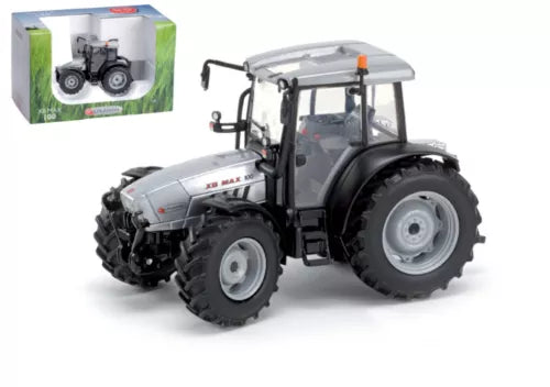 Die-cast tractor model with gray cab and black body, large treaded tires, 3/4 view