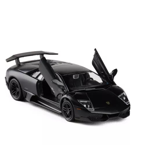 Black diecast sports car model with open scissor door, front view