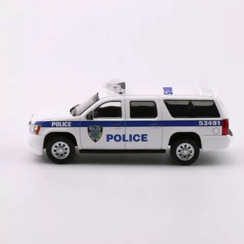 Police SUV diecast model with blue stripe, roof light, and side door markings
