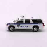 Police SUV diecast model with blue stripe, roof light, and side door markings
