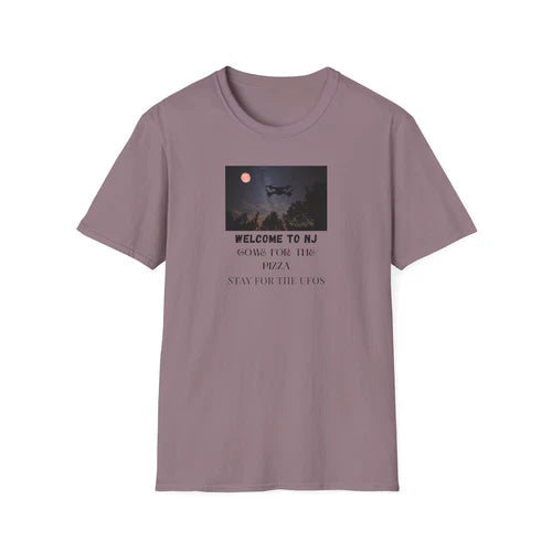 Unisex softstyle T-shirt in lavender with square UFO and night-sky graphic