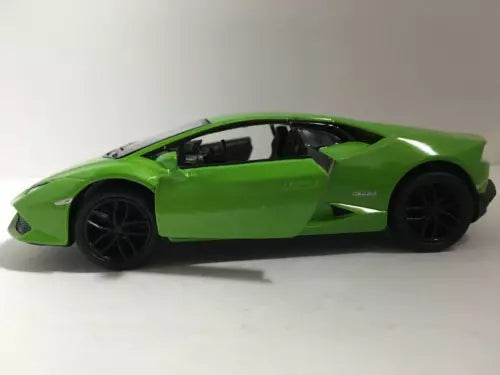 Green 1/36 diecast model sports car with black wheels, side view