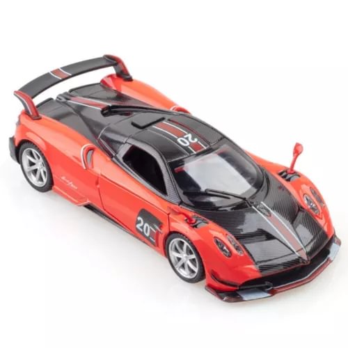 1:32 scale orange sports model car toy with black hood and silver wheels