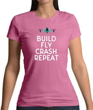 Women’s purple T-shirt with drone graphic and BUILD FLY CRASH REPEAT text