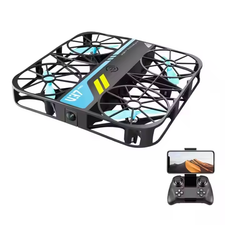 Mini quadcopter RC drone with four rotors, camera, and remote controller