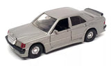 Silver diecast model car Mercedes-Benz 190E 2.3 in front 3/4 view
