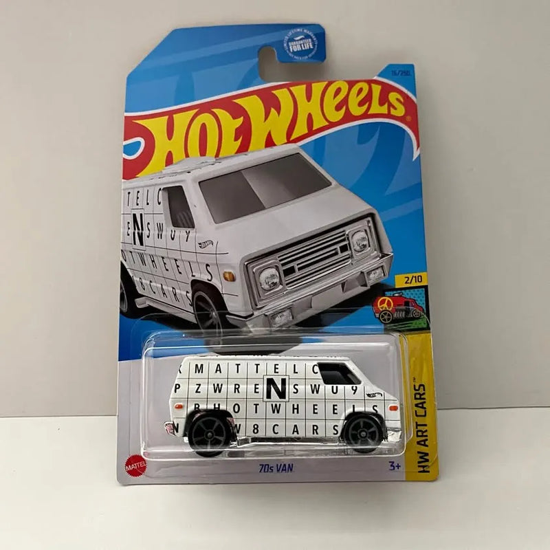 Hot Wheels diecast 70s van toy in blister, white with black details and windows