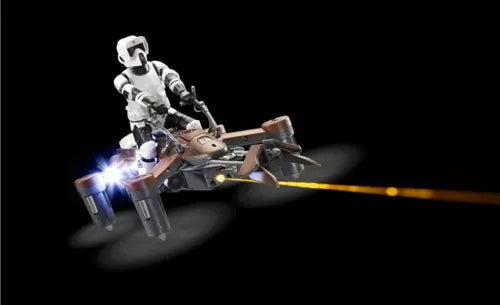 Speeder bike drone toy with glowing lights and cockpit, three-wheel design