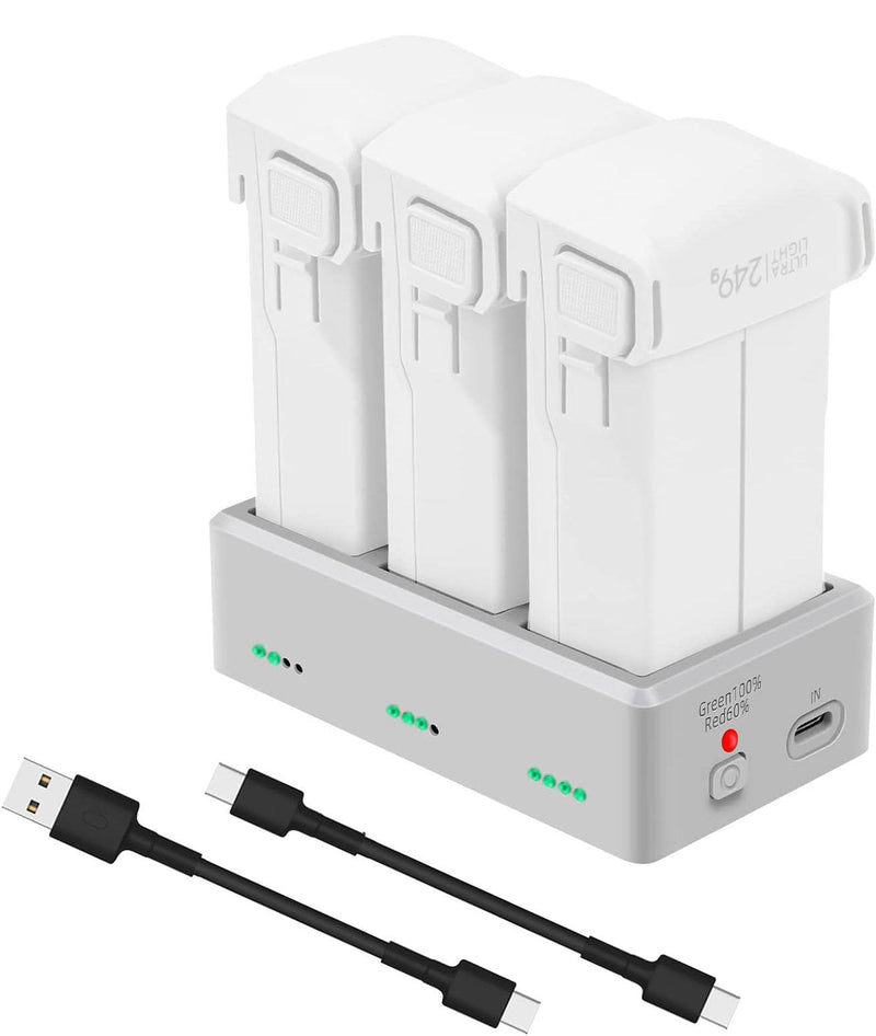 Three-slot battery charger hub with USB-C ports and cables, white