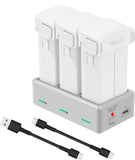 Three-slot battery charger hub with USB-C ports and cables, white