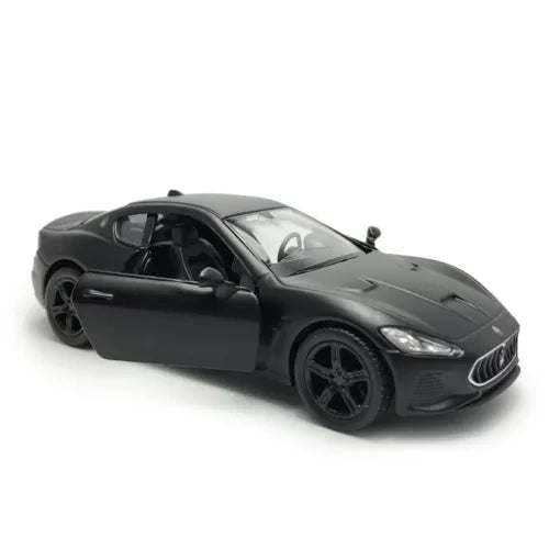 1:36 Maserati GranTurismo MC matte black diecast model car with open driver door