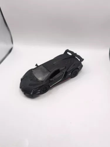Matte black diecast Lamborghini Veneno toy car, front-left view