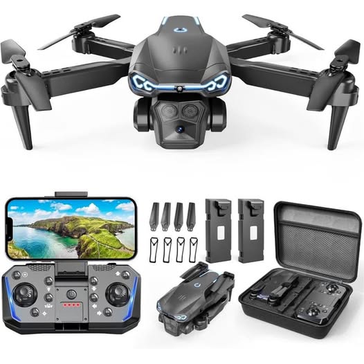 Foldable quadcopter drone with front camera and LED lights, plus controller and case
