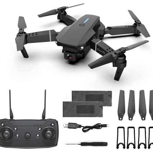 Dual-camera quadcopter drone with four fold-out propellers and front camera module