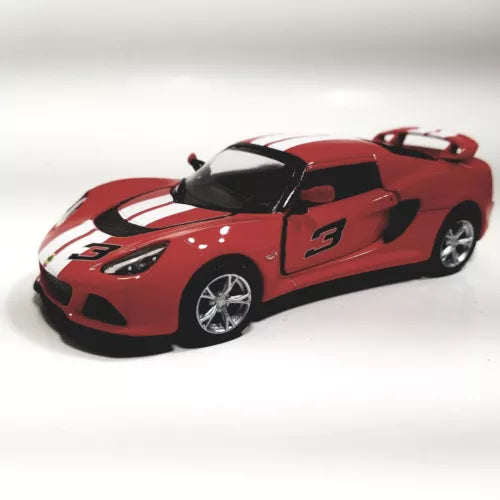 Red Lotus Exige S 2012 1/36 diecast sports car toy with black hood and white stripes