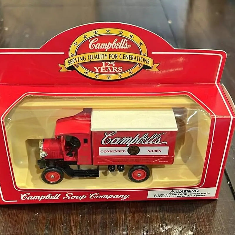 Campbell's diecast model truck in red packaging with Campbells logo on soup delivery box