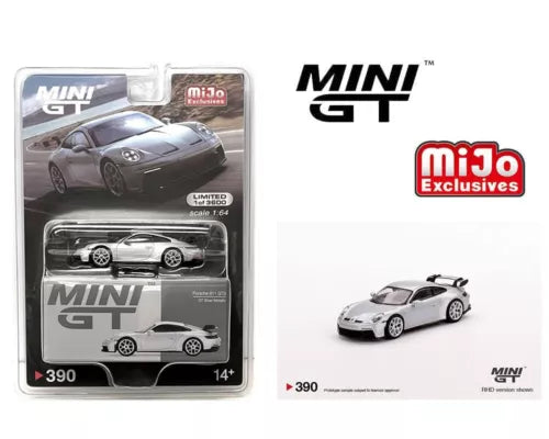 Silver Porsche 911 GT3 1:64 diecast car in blister packaging, Mijo Exclusives