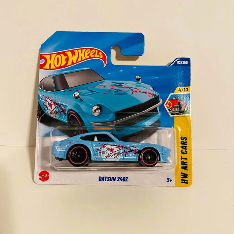 Blue Hot Wheels Datsun 240Z diecast car on blister card, front 3/4 view
