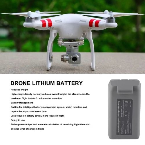 Rechargeable lithium drone battery pack, gray housing with label and contacts
