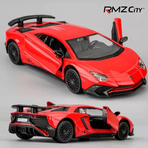 Red diecast toy car at 1:36 scale with open doors and black wheels