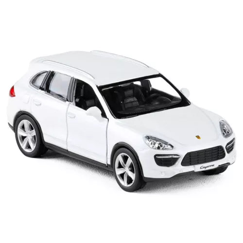 Porsche Cayenne diecast model car toy, white SUV with open wheels and front grille