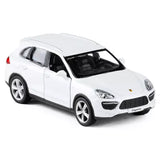 Porsche Cayenne diecast model car toy, white SUV with open wheels and front grille