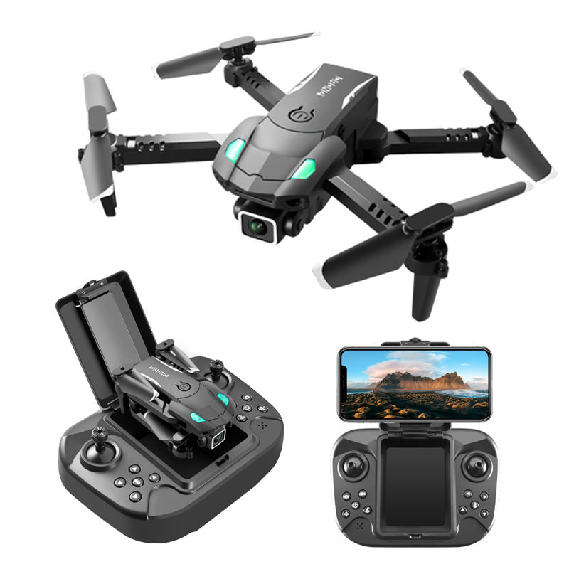 Toy quadcopter drone with camera, plus handheld controller with display