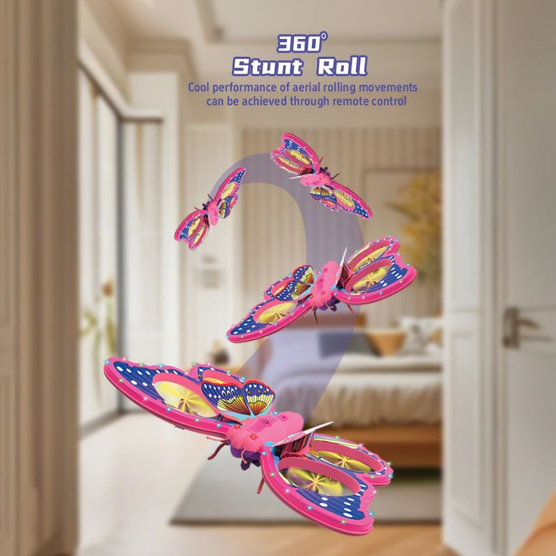 Pink butterfly-pattern remote-control drone with four hovering propellers