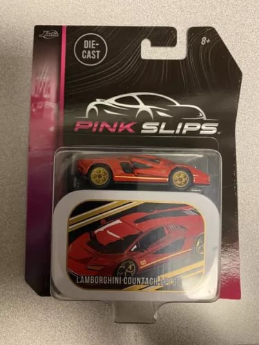Die-cast toy car with red Lamborghini Countach in Pink Slips blister package