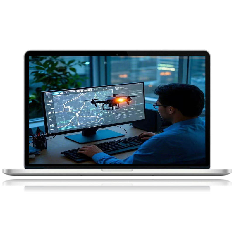 Laptop display with drone interface map and model drone icon