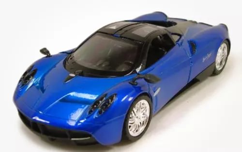 Pagani Huayra 1/24 diecast model car in blue with black hood and tinted windshield