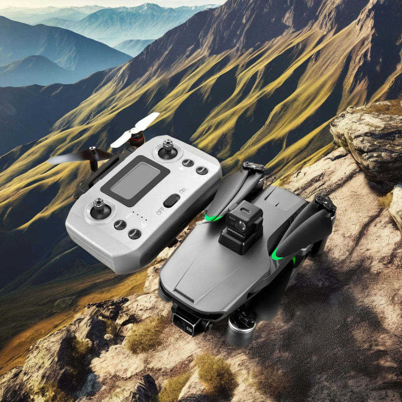 Gray quadcopter drone with camera and white remote controller, seen from top