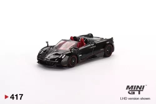 MINI GT 1/64 diecast roadster model car, black with red interior and open top