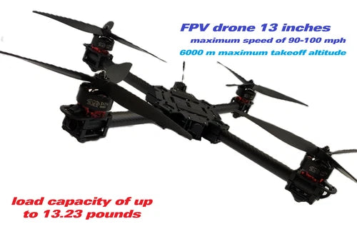 FPV quadcopter drone with four propellers and black frame, long arms