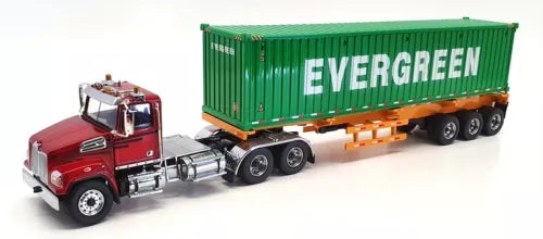 Diecast semi-truck model with red cab and green EVERGREEN container, tandem axles.