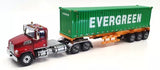 Diecast semi-truck model with red cab and green EVERGREEN container, tandem axles.