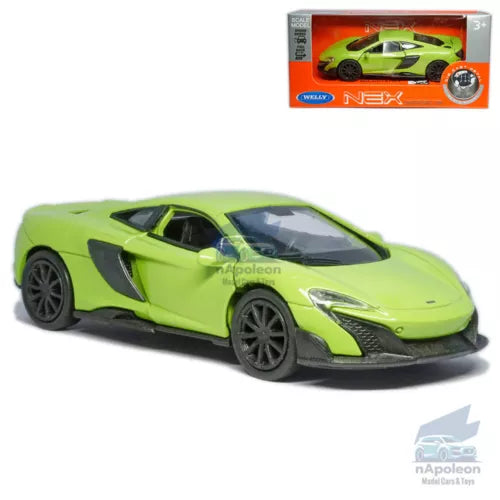 Green sports car model diecast toy with black wheels and hood vents