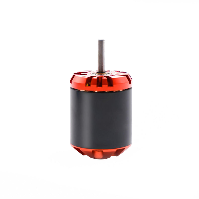 Brushless DC motor with red and black housing and metal shaft