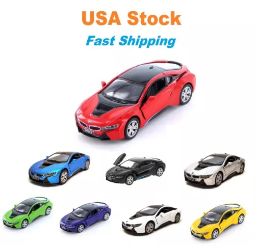 Red BMW i8 diecast model toy car with several colored model cars shown