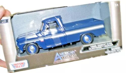Blue diecast pickup truck in a display box, chrome details, American Legends graphic