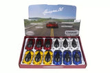 Diecast car set in open box with red, yellow, blue model cars, 1:38 scale