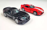 Diecast model cars, red and black sports cars with white racing stripes