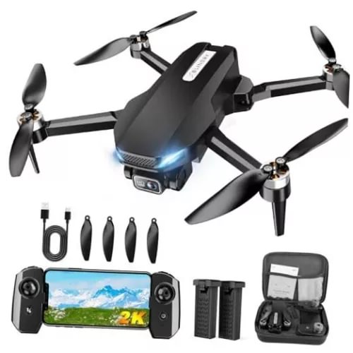 Compact quadcopter drone with camera, 2.4G controller, spare propellers, and carrying case