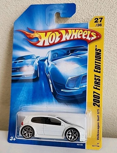 White Volkswagen Golf GTI diecast car with black wheels, Hot Wheels 2007 New Models