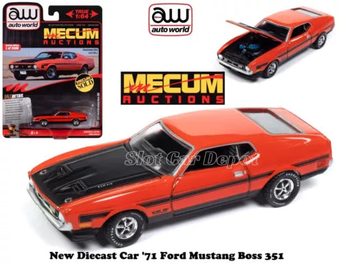 Orange and black 1971 Ford Mustang Boss 351 diecast car, 1:64 scale, front 3/4 view.