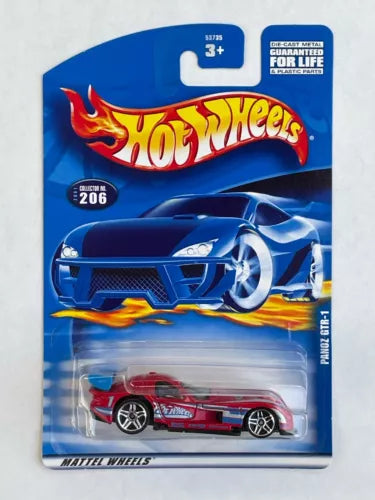 Hot Wheels 1:64 red Panoz GTR-1 diecast car in blister pack, collector 206