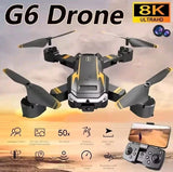 Quadcopter drone with front camera, black and yellow, four propellers