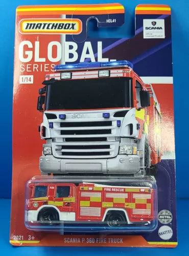 Red Matchbox 1/14 Scania fire truck diecast with front grille and ladder