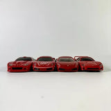 Red Ferrari diecast model car set with 4 cars, front view